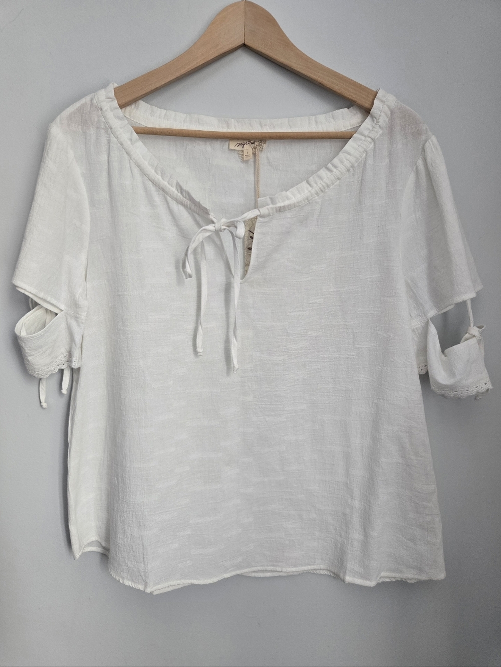 New MYSTREE Off-White Peasant Tie-Neck Lightweight Cotton Top